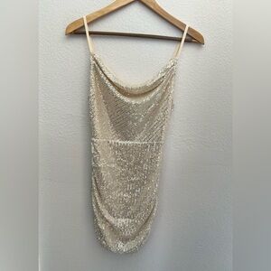 Just Quella cami strap cowl front sequin embellished mini dress champagne Small